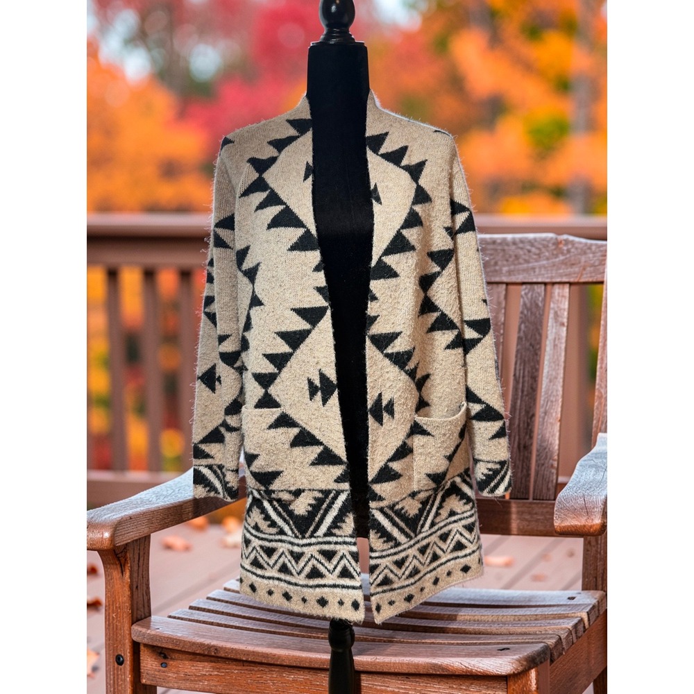 Frye Womens Medium Tan Black Southwestern Geometric Open Front Cardigan Sweater